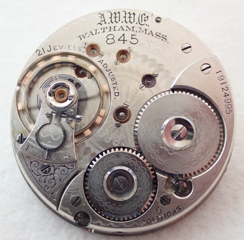 ANTIQUE 18s WALTHAM GRADE 845 21 JEWEL 21J OPEN FACE POCKET WATCH MOVEMENT