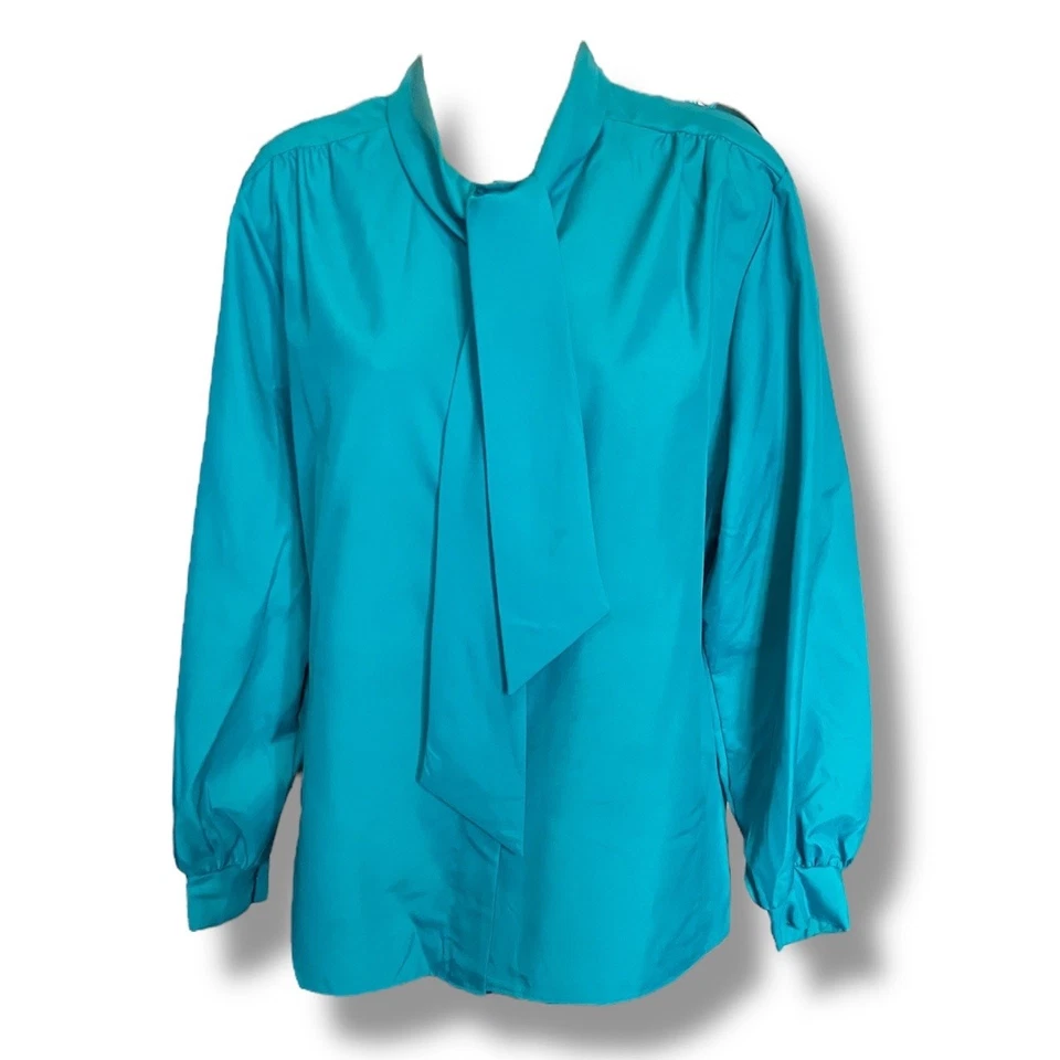 Vintage Turquoise Secretary Blouse 80s Long Sleeve Tie Neck Womens Size XL - Image 3 of 4