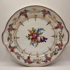 ANTIQUE DECORATIVE PLATE SCHUMANN  BAVARIA DRESDEN PORCELAIN GOLD 10" w/HANDLES