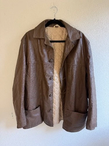 Vintage 70s 80s Fingerhut Brown Faux Leather Car Coat Jacket Mens L XL Quilted - product listing photo