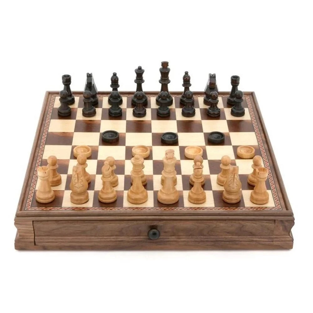 Dal Rossi Italy 15" Walnut Chess & Checkers Set with Drawer – Ivory Brown Pieces