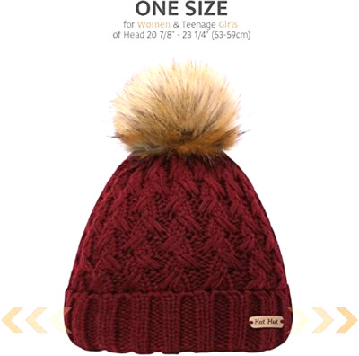 Hat Hut Womens Winter Knitted Beanie Hat with Faux Fur Pompom Fleece Lined Warm