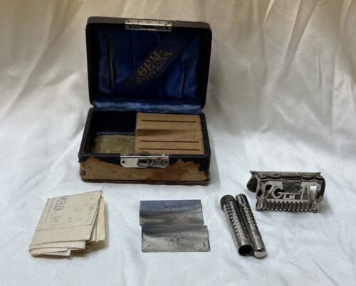 Antique GEM Cutlery Co. Safety Razor w/ Case Paperwork & Blades 1901 - Afbeelding 1 van 24