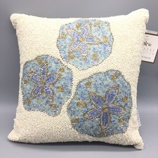 Coastal Collection Sand Dollar Beach Beaded Decor Pillow Ocean Aqua Blue 14" NEW