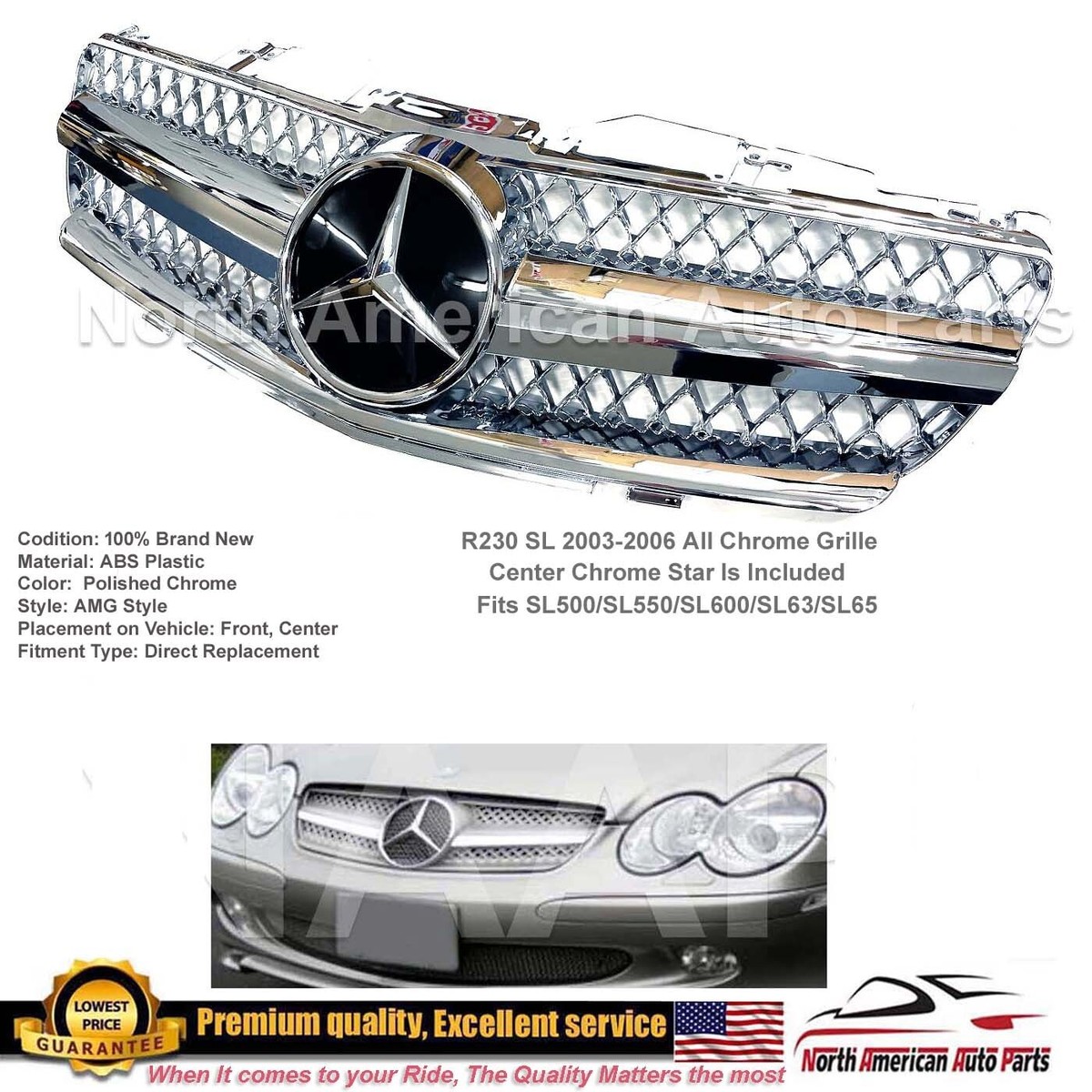 R230 SL500 SL600 SL55 Grille All Chrome 2003-2006 New Bumper Parts 