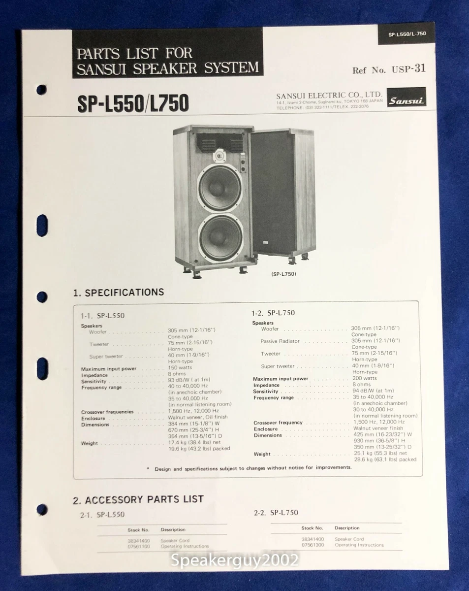 Original Sansui SP-L550 L750 / Parts List for Speaker System -- BB1