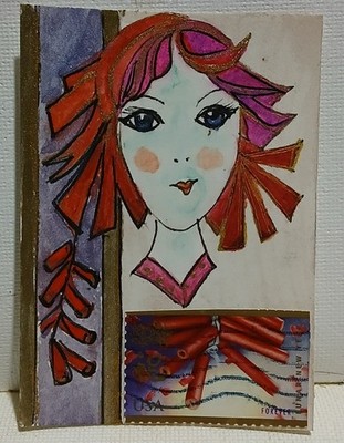 Postal Whimsy OOAK ACEO Lunar Snake Geisha Art Firecracker Gold Snake Miniature
