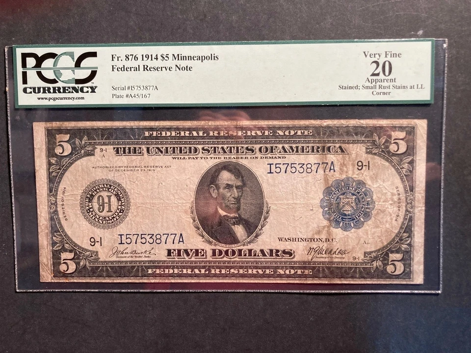 ONE 1914 $5. MINNEAPOLIS FEDERAL RESERVE NOTE- PCGS. VF 20 - Image 2 of 3