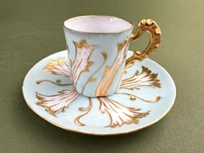 RARE ATQ French SM Marks Pale Blue Floral Gold Trim Demitasse Cup & Saucer