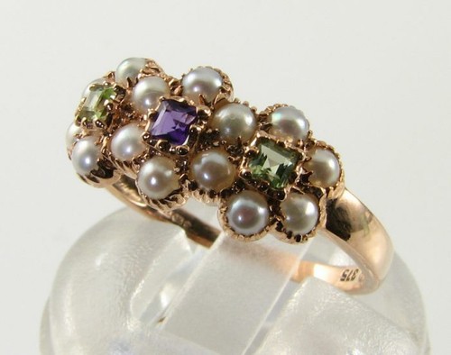 SUFFRAGETTE 9K 9CT ROSE GOLD AMETHYST PERIDOT PEARL 3 DAISY ART DECO INS RING - Picture 3 of 6