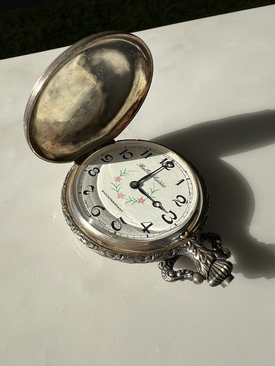 Vintage Belle Suisse Pocket Watch Hunting Dogs Silver Tone By