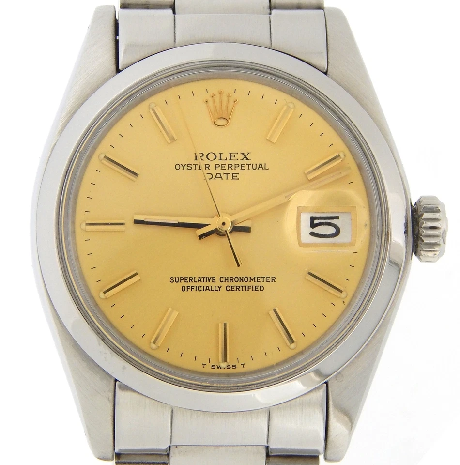 Reloj Rolex para hombre fecha acero inoxidable bisel abovedado oro champán palo esfera 1500