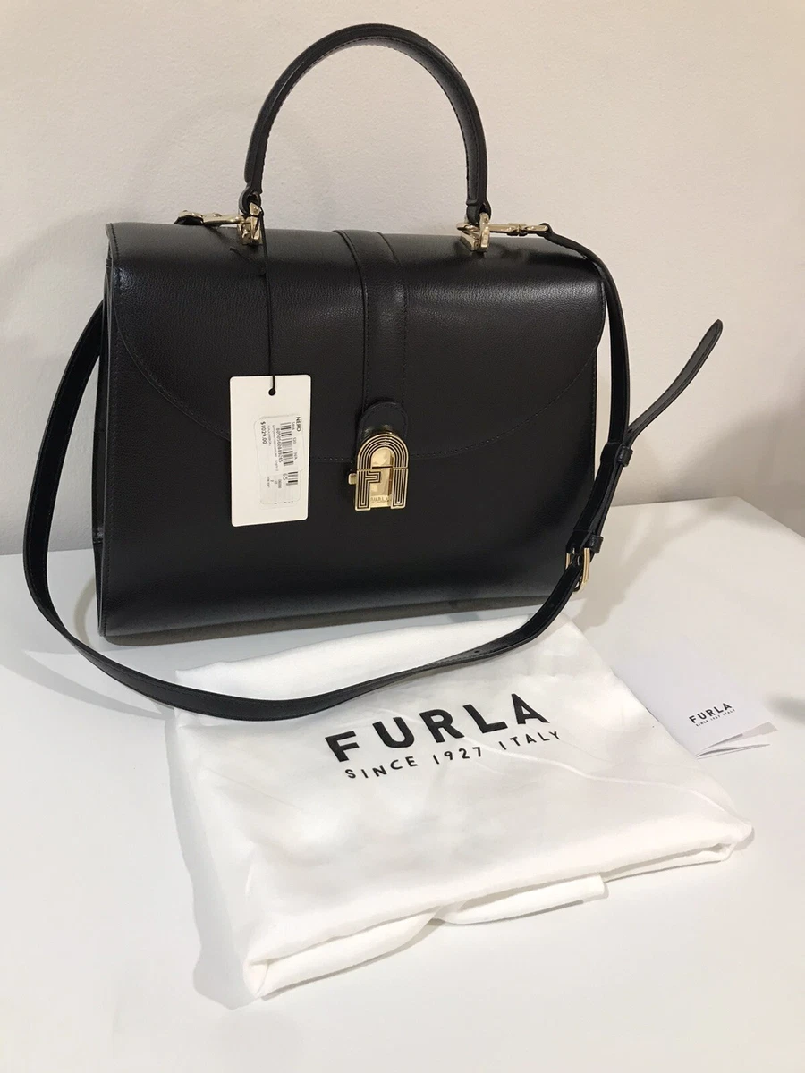 RARE FURLA OPERA JUMBO TOP HANDLE BLACK LEATHER BAG eBay