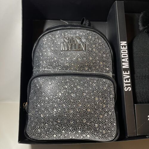 Nuovo Steve Madden 2 pezzi set regalo Bling strass zaino borsa cappello invernale nero - Foto 3 di 14