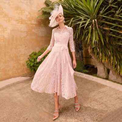New Pink Mother of the Bride Dresses Lace Mother Gowns Wedding Party Tea  Length