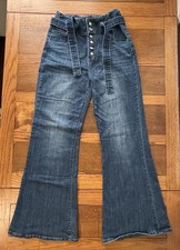 Forever 21 Jeans Sz 29 High Rise Wide Leg Flares Button Fly Belt Stretch Denim