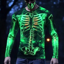 Halloween Skeleton Prints Long Sleeve T-Shirts for Men Gothic Trendy Streetwear