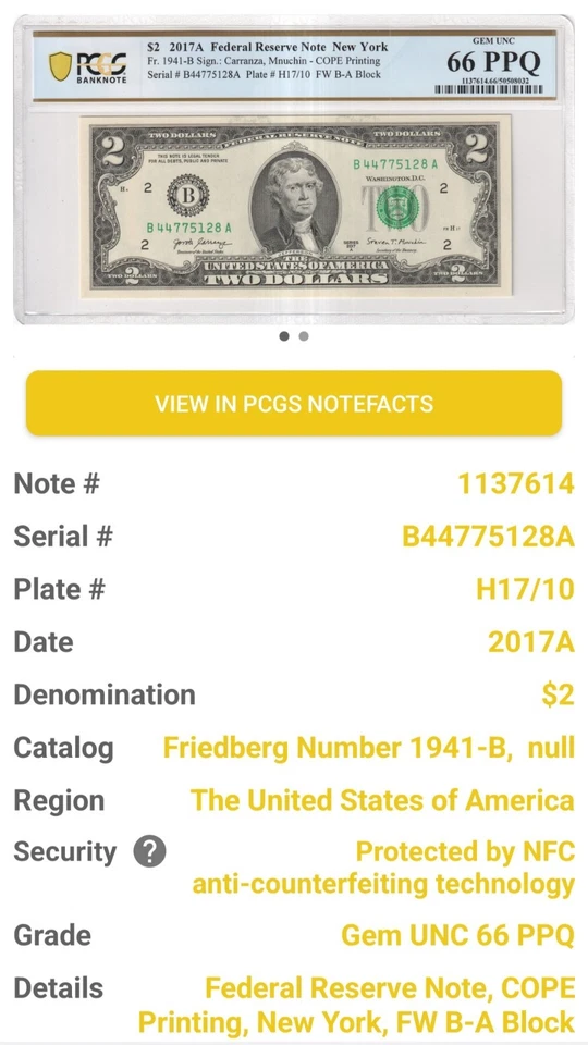 $2 2017A FRN New York 2 Notes Gem Unc PCGS 66 PPQ Consecutive Tow Double Digital - Image 3 of 4
