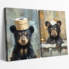 BHSUUHIT 2 Pcs Bear Bathroom Wall Art Funny Bathroom Animal Pictures Prints Blac