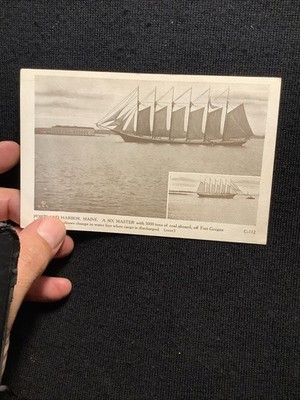 RARE Vintage Postcard Portland Maine Harbor Master schooner ship Off Fort Gorges