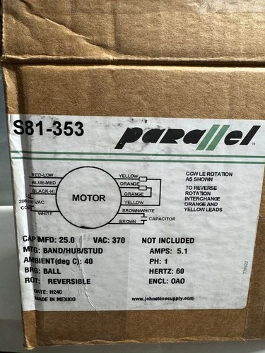 Parallel S81-353 Direct Drive Blower Motor – 1 HP 208-230V 1075 RPM 3-Speed