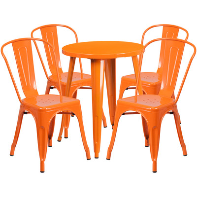24'' Round Orange Metal Indoor-Outdoor Restaurant Table Set with 4 Cafe Chairs 