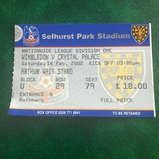 2001/02 WIMBLEDON Vs CRYSTAL PALACE Championship Football Matchday Ticket Stub