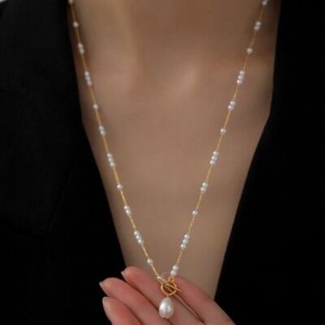 Authentic Woman 18K Gold Plated Pure Nature Freshwater Pearl Charm Chain Necklace Toggle