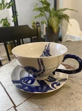 ANTHROPOLOGIE From The Deep Cup Saucer Set Octopus Ship Nautical Tea Coffee