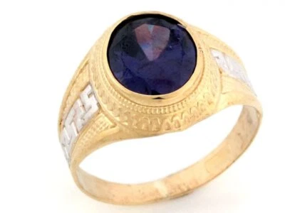 10k or 14k Two Tone Gold Purple Simulated Amethyst Mens Birthstone Greek Ring - Image 1 of 4