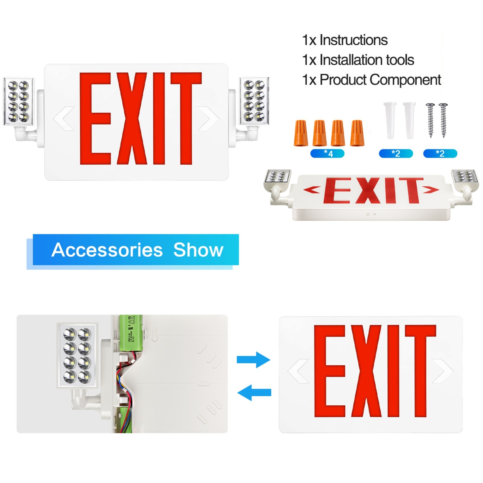 UL Listed-4 Packs  Led Red Exit Sign Combo  with Lights Battery Backup Set.
