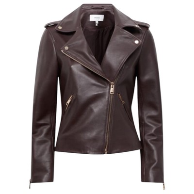 Reiss Leiya Women s Sheep Leather Biker Jacket Size 4 Brown Burgundy Moto