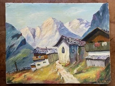 Vtg Dewellings Amongst The Mountains Mid Century Oil Painting C. Gam 46
