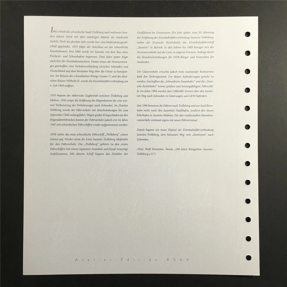 GERMAN POST ART-EDITION 2009/25 SASSNITZ-TRELLEBORG SHIPS TRAINS RAILROAD - Image 3 of 4