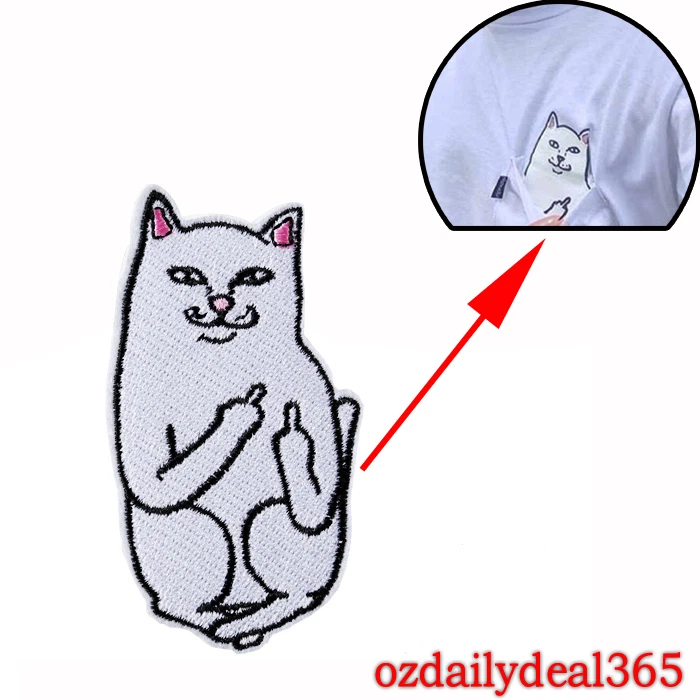 Embroidery Funny Cat Middle Finger Sew Iron On Patch Bag Clothes Applique DIY OZ - Image 2 of 4
