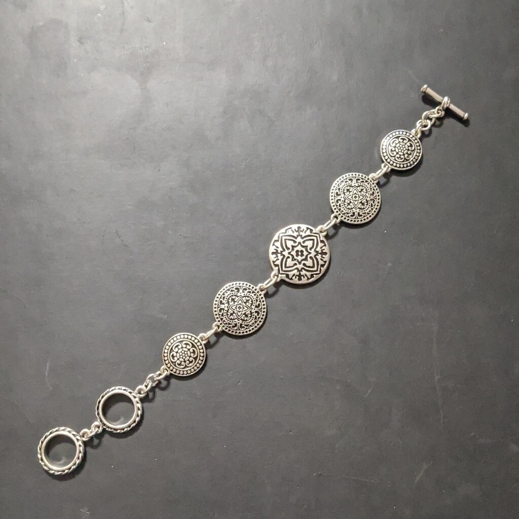 Silver Tone Mandala Round Disc Statement Bracelet - image 1