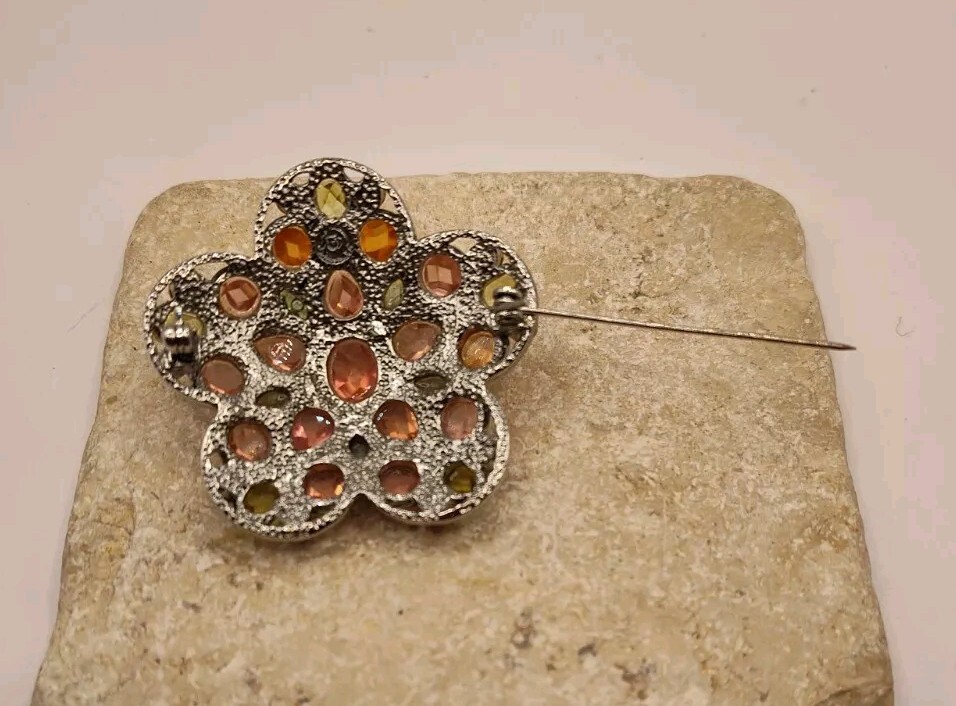 Signed Multicolored Rhinestone Flower Brooch - image 5