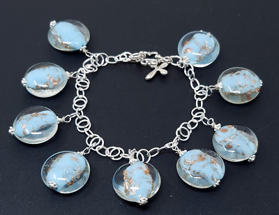 Vintage Blue Venetian Glass  Sterling Silver Charm Bracelet 7''