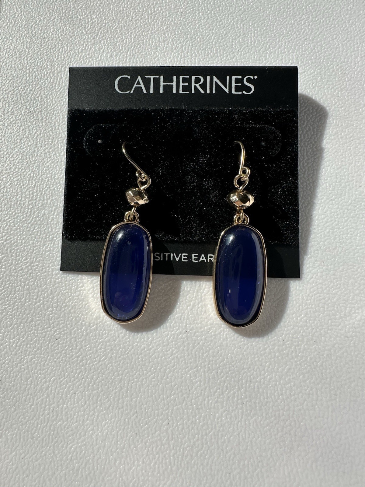 New Catherine’s Gold Tone Blue Modern Drop Dangle Hook Earrings 1.75”