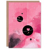 Hearts In Orbit Planets In Pink Abstract Galaxy Valentine's Day Card