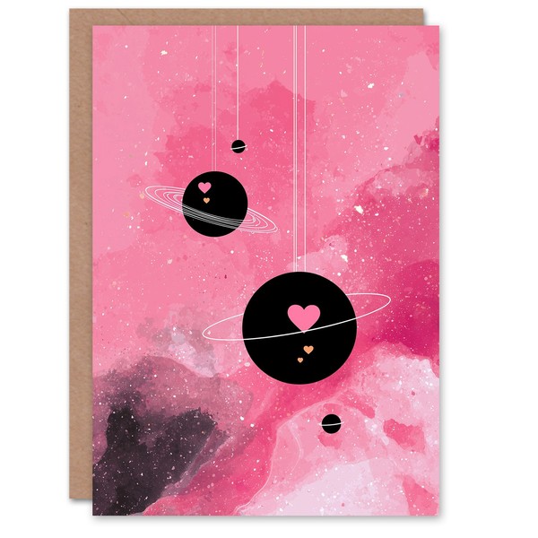 Hearts In Orbit Planets In Pink Abstract Galaxy Valentine's Day Card-image