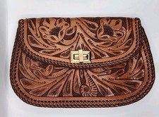 Tooled Leather Bag Medium Brown Floral Embossed Purse