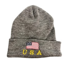 USA American Flag Embroidered Knit Cuffed Beanie Hat Gray One Size Patriotic