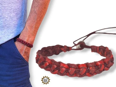 Bracciale uomo in pelle intrecciata a mano - Regolabile - Rosso bordo - Imagen 1 de 4