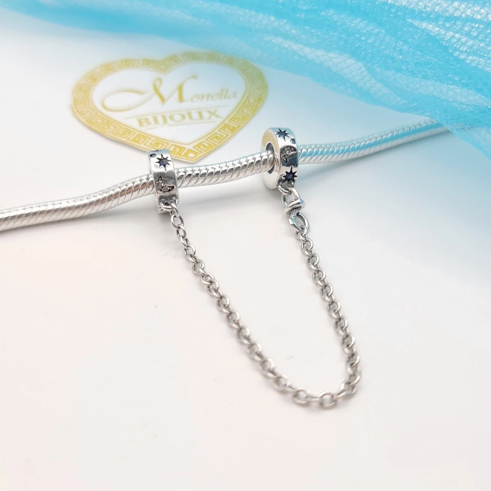 Charm catena di sicurezza argento 925 sole luna zirconi Blu - Immagine 2 di 4