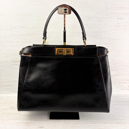 Fendi Peekaboo Medium Black Calf Leather Handbag Used From Japan