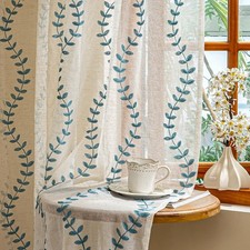 2 Panels Linen Leaf String Floral Embroidered Semi Sheer Curtain Farmhouse Vo...