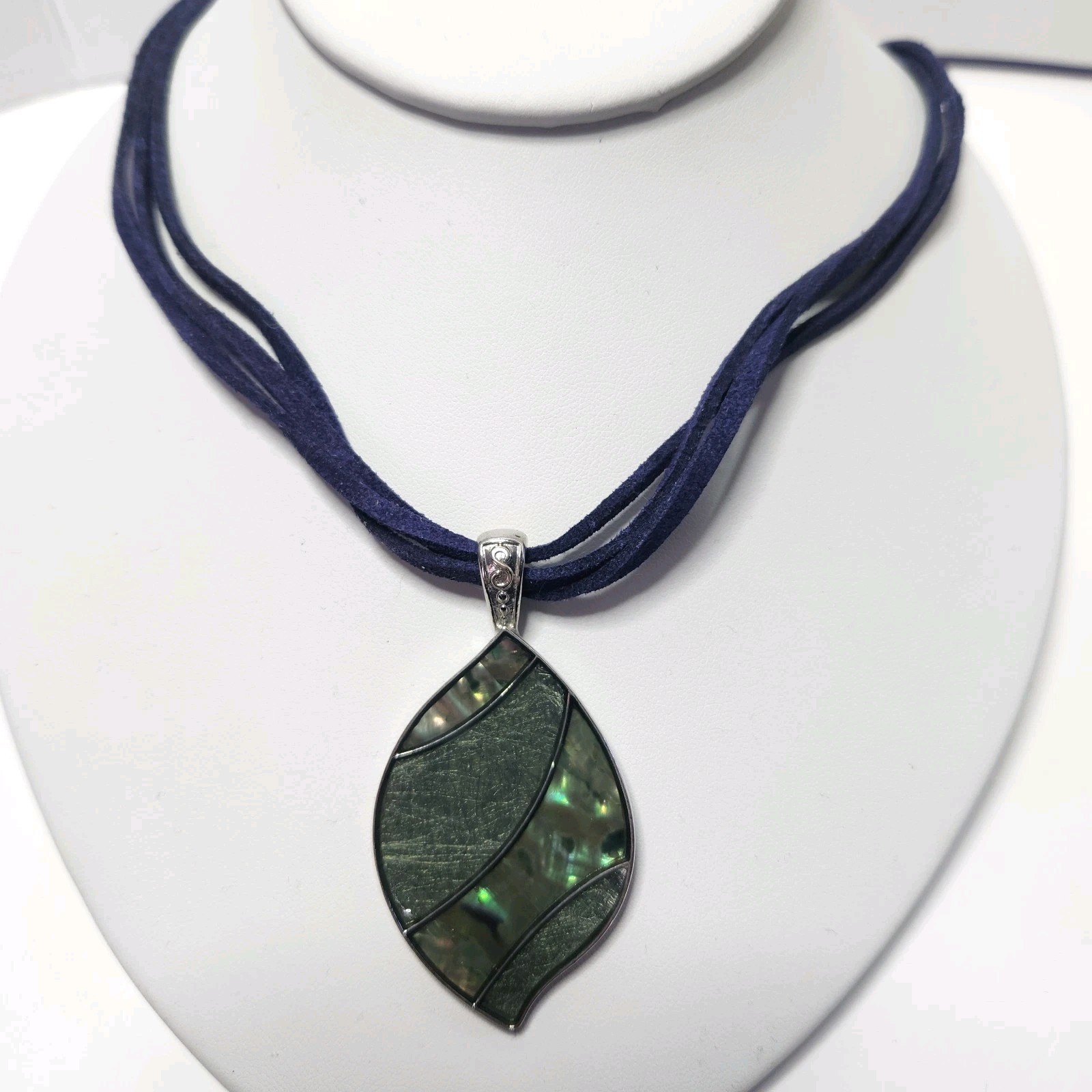 Leaf Pendant Necklace Abalone Shell Textured Navy… - image 1