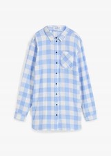 Flanell-Longbluse aus reiner Baumwolle Gr. 40 Perlblau Weiß Damen-Bluse Hemd Neu