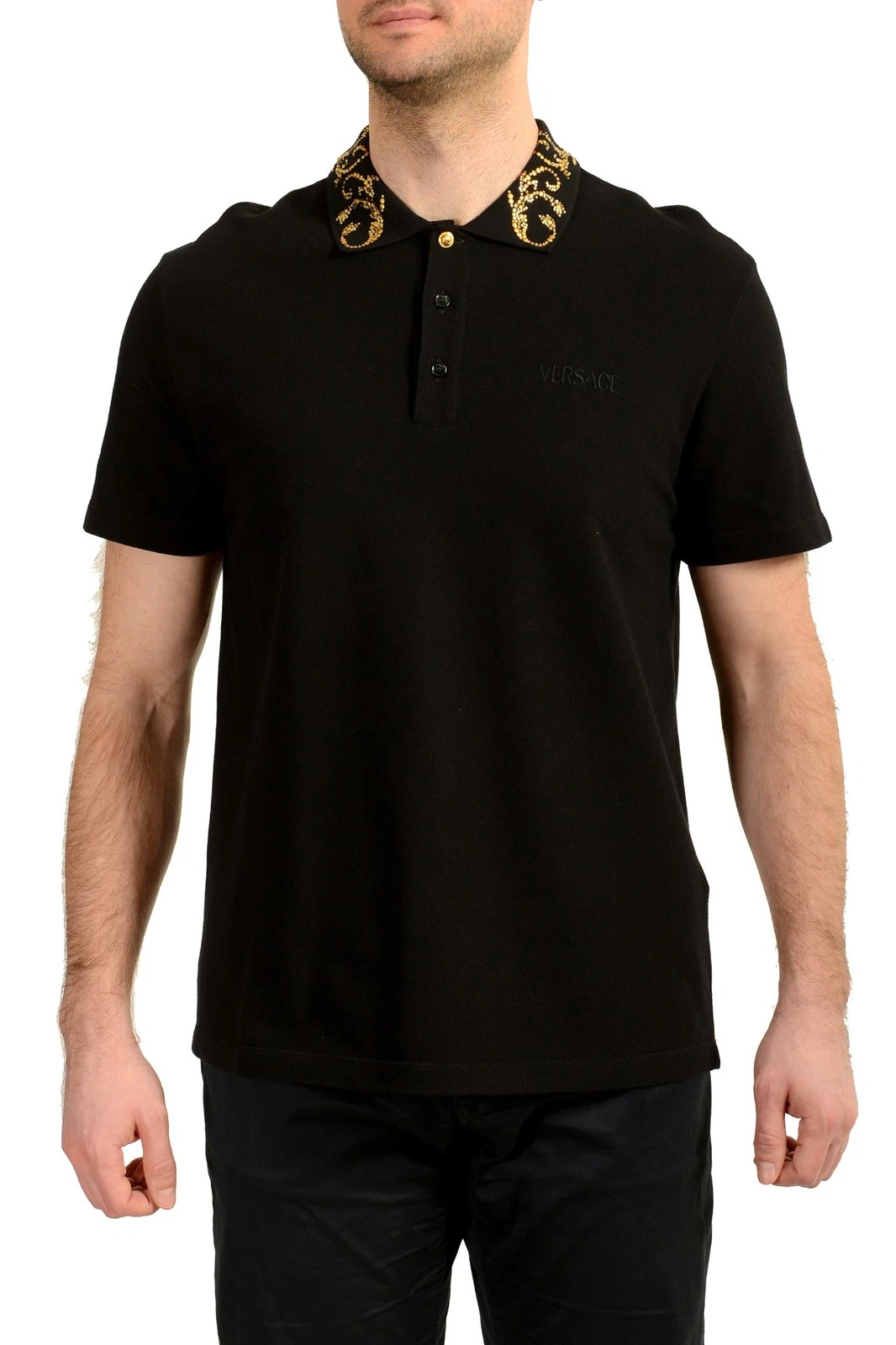 Versace — Versace Men's Black Logo Embroidery Short Sleeve Polo Shirt US XL IT 54